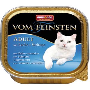 Vom Feinsten Katzen-Nassfutter Adult Lachs & Shrimps, 100g Dose mit weißer Katze.