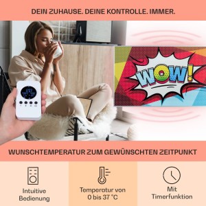 Klarstein Infrarotheizung Wonderwall Air Art mit "WOW!"-Design im Wohnraum mit Fernbedienung.