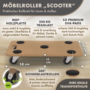 Möbelroller SCOOTER aus MDF, 58x30x11cm, mit 4 Schwerlastrollen und 5 Anti-Rutsch-Pads für 250kg Traglast.