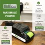 Akku und Ladegerät für TRUTZHOLM Akku-Fugenreiniger, 20V, 2Ah. Ladegerät mit Akku auf Holzuntergrund.