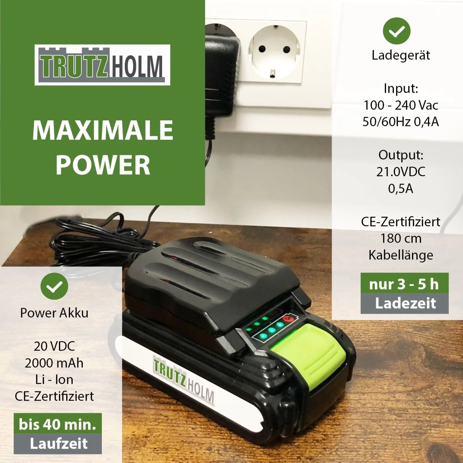 Akku und Ladegerät für TRUTZHOLM Akku-Fugenreiniger, 20V, 2Ah. Ladegerät mit Akku auf Holzuntergrund.