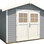 Graues weka Gartenhaus 122 mit Satteldach und weißer Doppeltür. Holz-Gartenhaus mit 28 mm Wandbohlen.