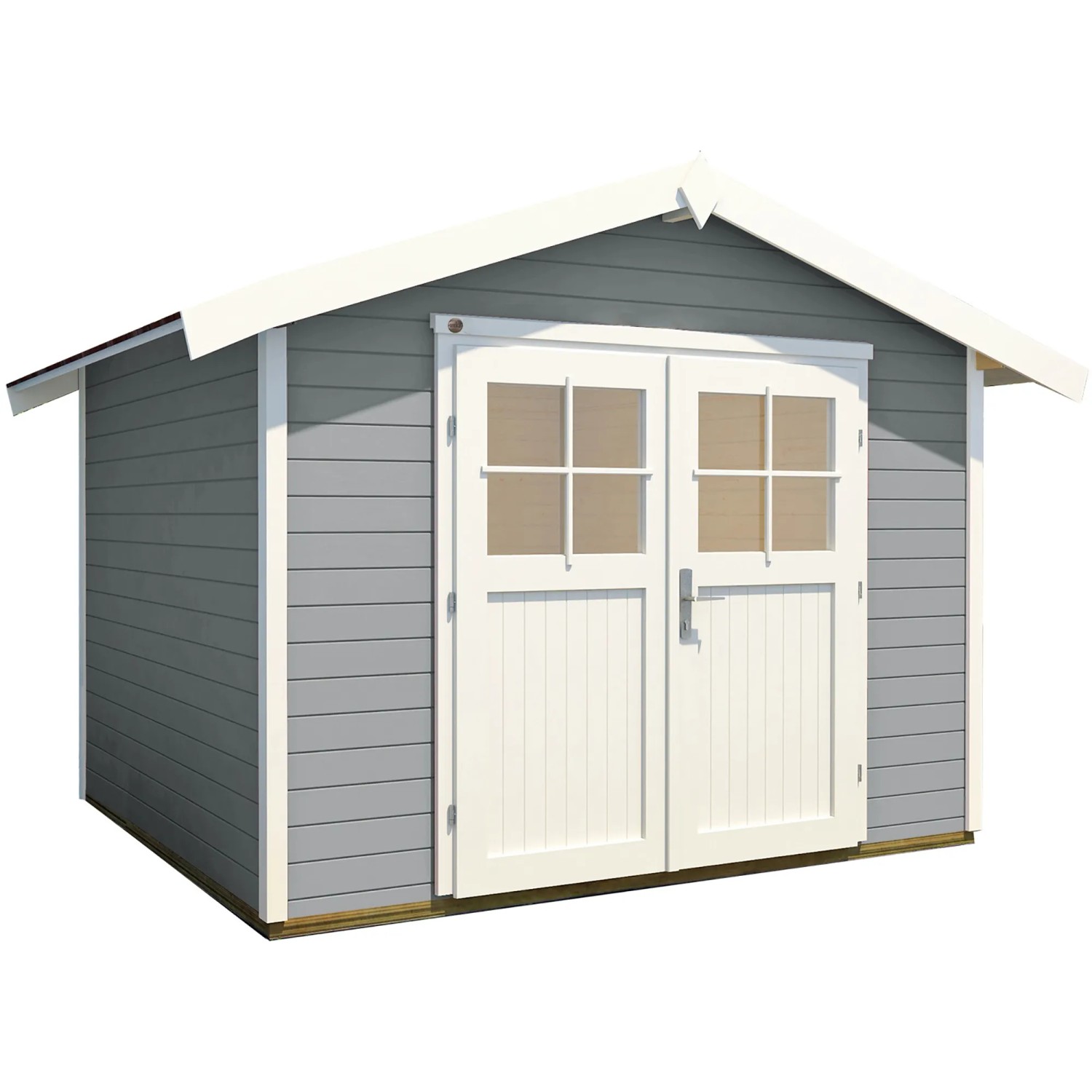 Graues weka Gartenhaus 122 mit Satteldach und weißer Doppeltür. Holz-Gartenhaus mit 28 mm Wandbohlen.
