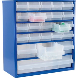Blaues LUX-TOOLS Stahlmagazin mit vielen transparenten Kunststoffschubladen für Kleinteile. Ideal für Werkstatt & Garage.