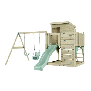 PolarPlay Spielturm Björn mit Babyschaukel und Rutsche, mintgrün.