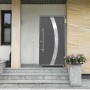 Anthrazitfarbene Haustür Thermospace Prag Prime mit Edelstahlgriff und Glaseinsatz.