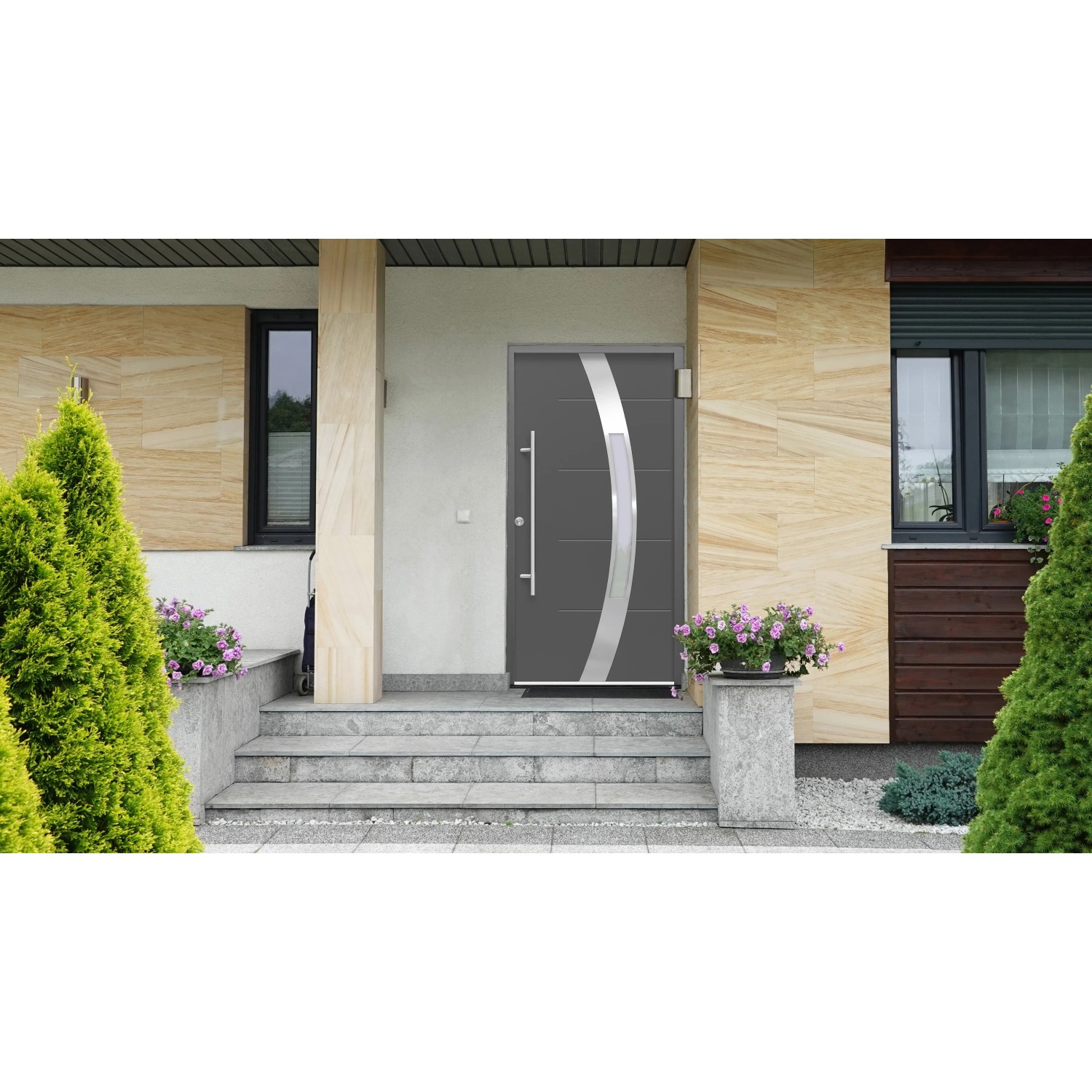 Anthrazitfarbene Haustür Thermospace Prag Prime mit Edelstahlgriff und Glaseinsatz.