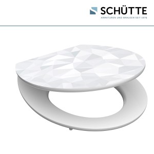 Schütte WC-Sitz Diamond mit Holzkern und Absenkautomatik, weißes geometrisches Muster.