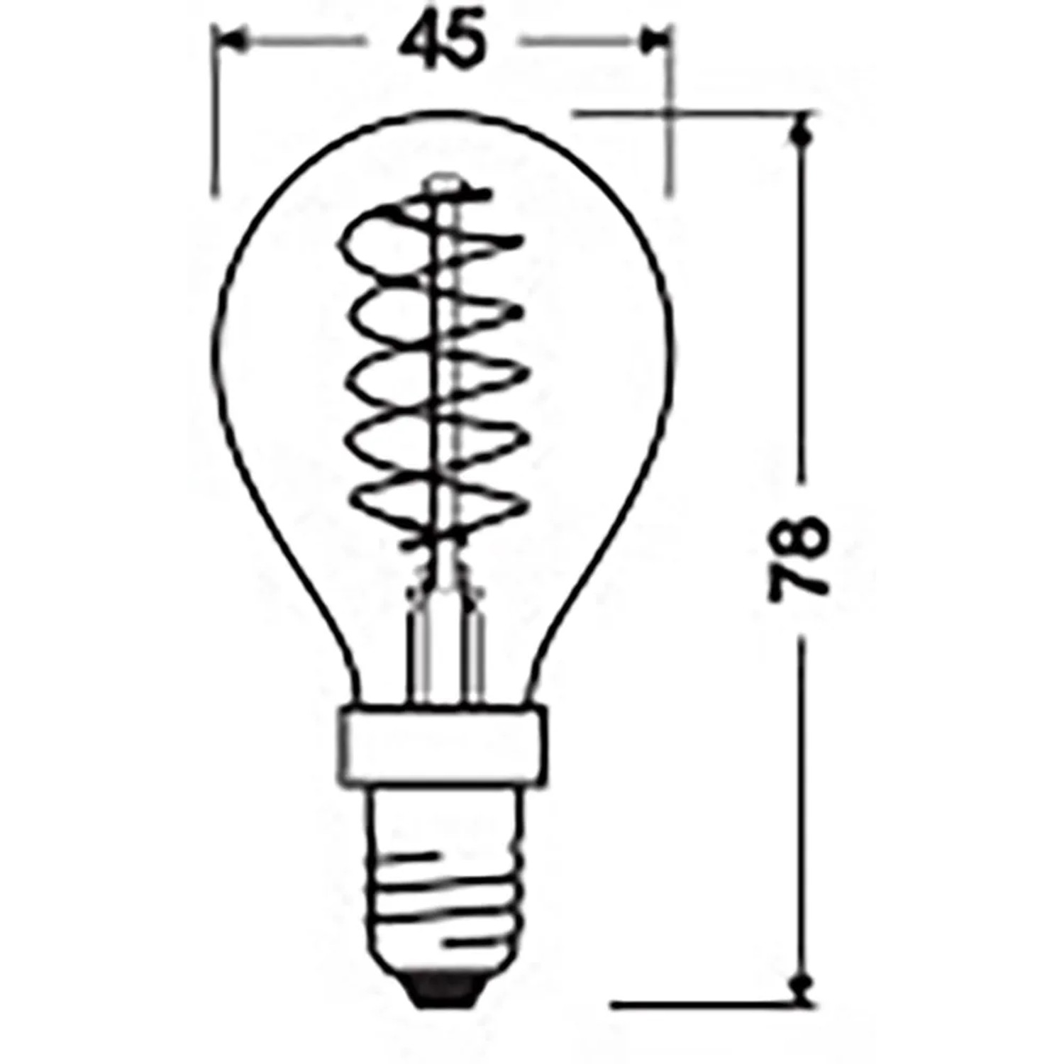 Skizze: Osram LED E14 Leuchtmittel in Tropfenform mit Maßen 7,8 x 4,5 cm.