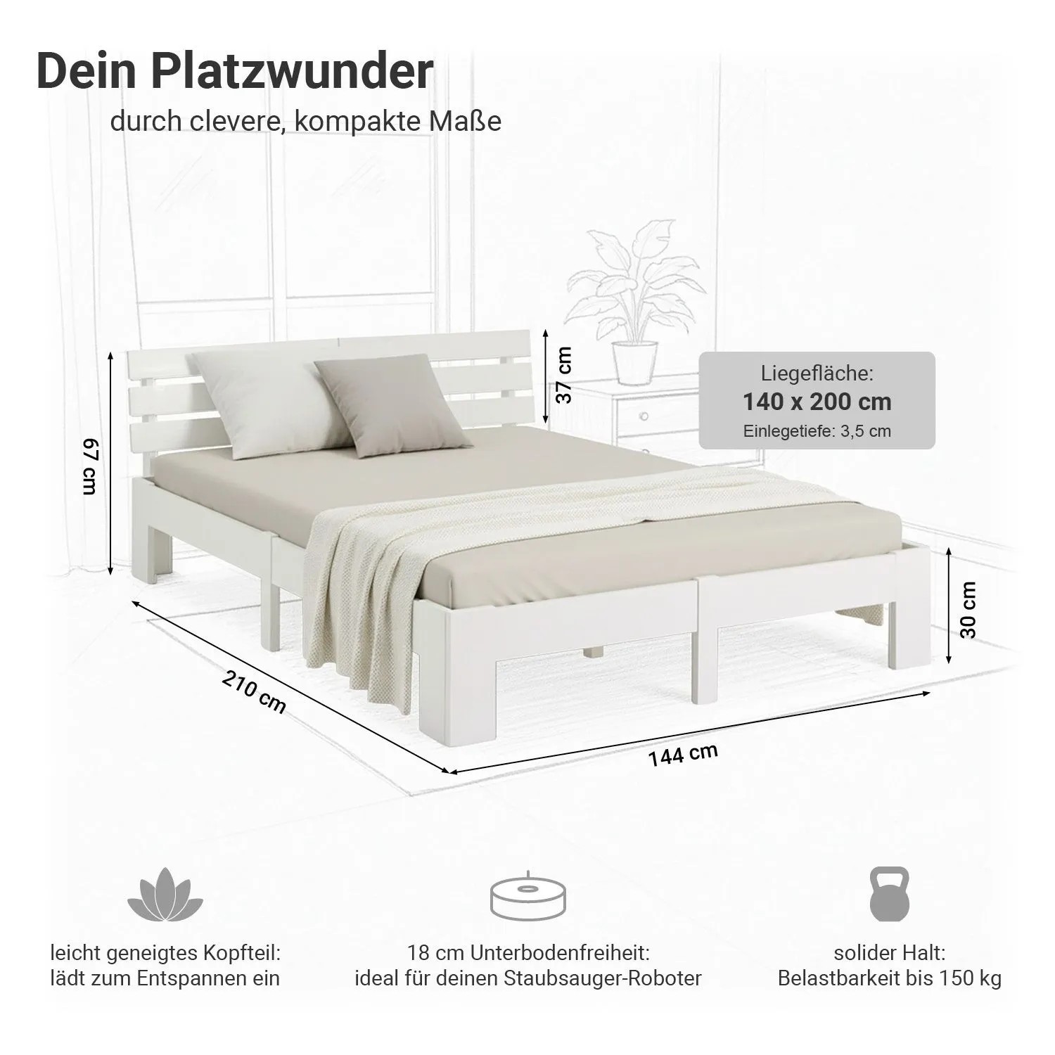 Homestyle4u Massivholzbett 140 x 200 cm Weiß inkl. Lattenrost u. Matratze 2263 kaufen bei OBI