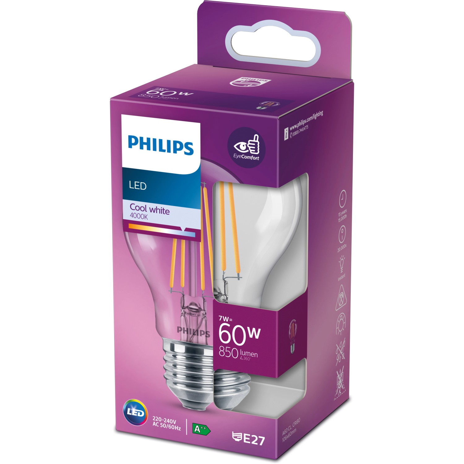 Philips LED-Lampe E27, 7W, Glühlampenform in Verpackung. Neutralweißes Licht, 850 Lumen.