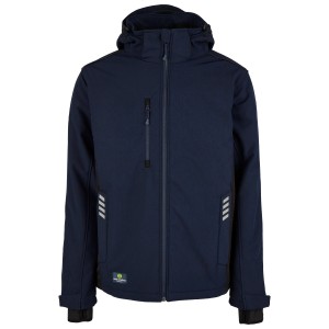 Navy Wintersoftshelljacke von Hans Schäfer Workwear, Größe M, mit Kapuze und Reißverschluss.