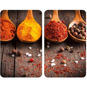 Allstar Glasabdeckplatten Curry 2er-Set für Glaskeramik-Kochfelder mit Gewürzen in Löffeln.