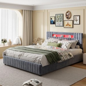 PXloue Hydraulisch Stauraumbett mit LED-Bett in Grau 140x200cm Samt