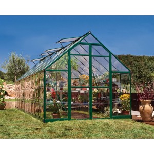Palram Canopia Balance Gewächshaus 8x20, grüne Rahmen, klare Polycarbonat-Wände, Pflanzen im Inneren.