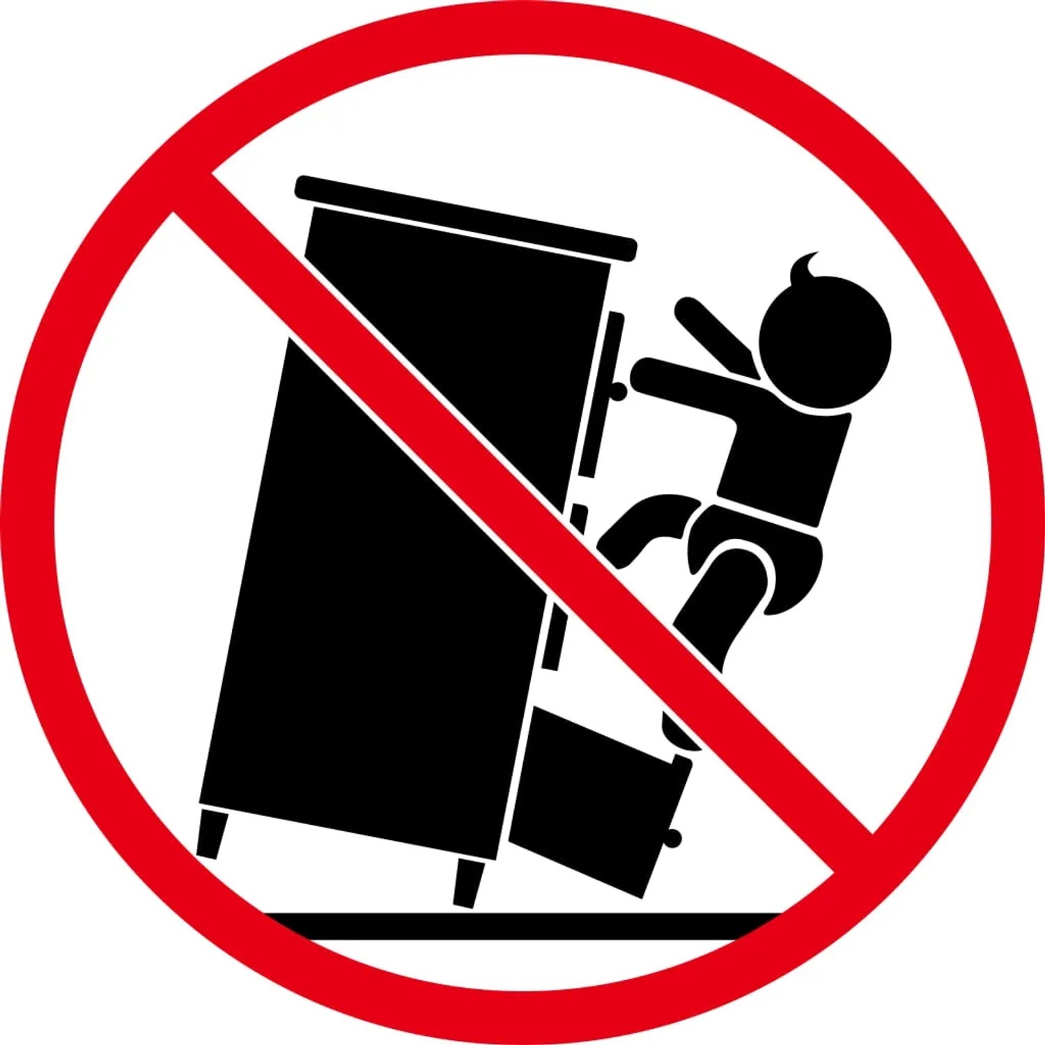 Symbol: Kind klettert auf Möbel, die umkippen. Warnung vor Kippgefahr. Möbelstück muss an der Wand befestigt werden.