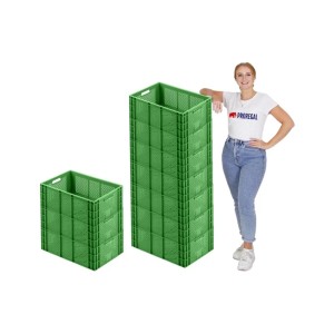 Grüne PROREGAL Eurobehälter Obst- und Gemüsekisten (43L) gestapelt, mit Model.