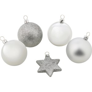 Weihnachtskugeln Set, 50-teilig, silber, mit Kugeln und Sternen in verschiedenen Oberflächen.