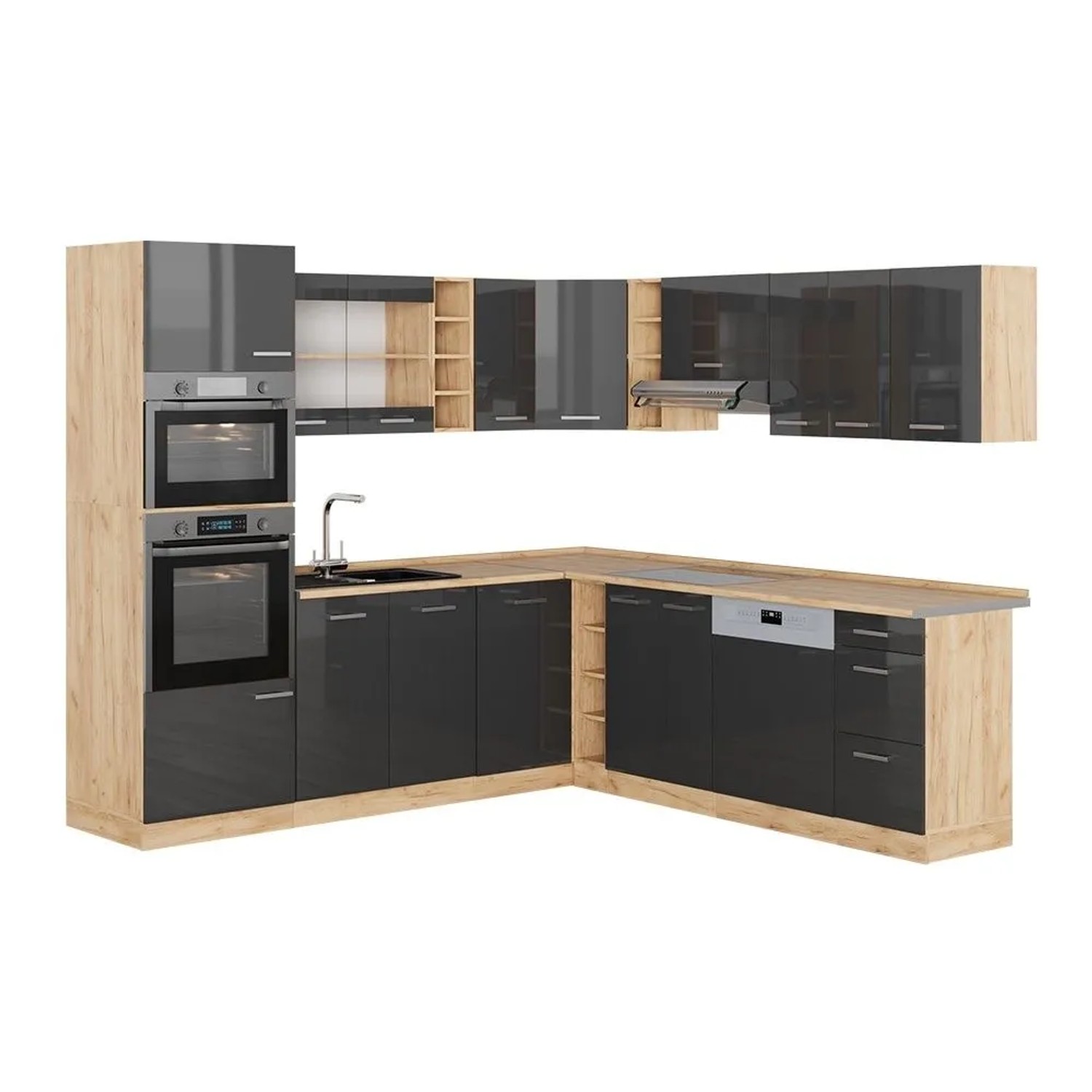 Vicco Eckküche R-Line Anthrazit Hochglanz/Goldkraft Eiche 247 x 82, AP Eiche