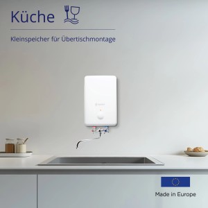 SaniSelf Kleinspeicher OTS-5 Basis Obertisch, 5 l, montiert über Spüle in Küche.