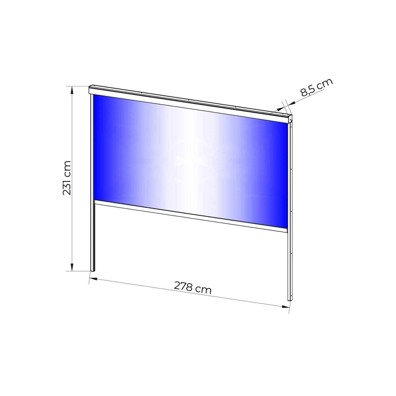 MWH Rollerblind Crank O-Series Rollomarkise 3m Anthrazit. Technische Zeichnung mit blauer Markise, Maße 278x231 cm.
