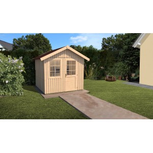 Lasiertes Weka Holz-Gartenhaus mit Satteldach im Garten.