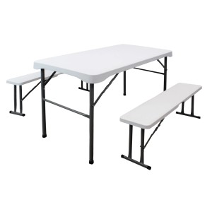 Weiße, klappbare Bierzeltgarnitur von TRUTZHOLM, 3-teilig, mit Tisch und zwei Bänken für Garten und Balkon.