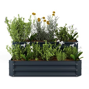 Blumfeldt High Grow Hochbeet, 2 Ebenen, anthrazit, bepflanzt mit Kräutern und Blumen.
