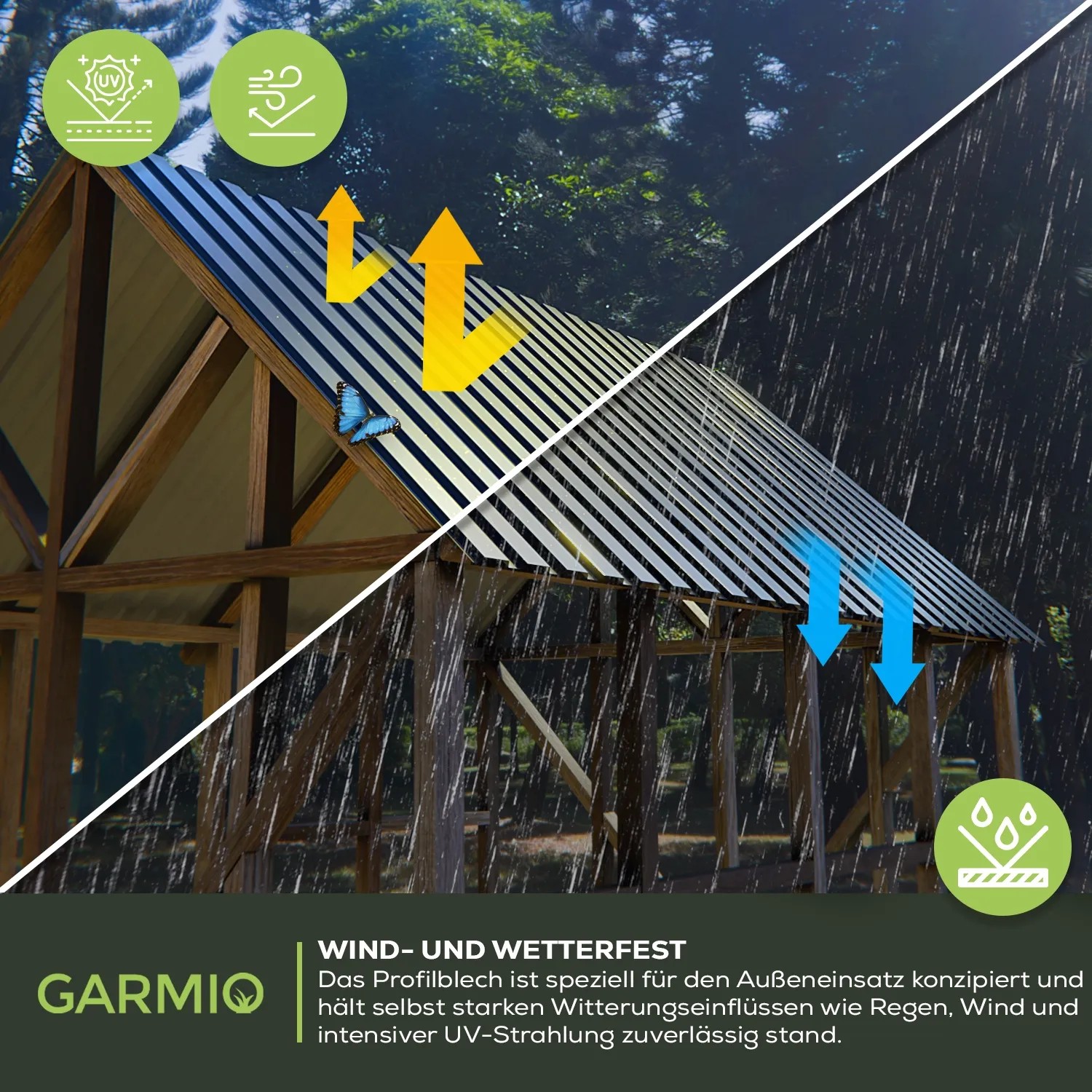 Garmio Profilblech Set, 12 verzinkte, schwarze Dachbleche (129x45) auf einem Dach, wetterfest.