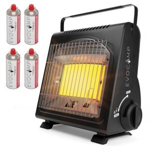 Schwarze Evocamp Camping Gasheizung 1,7 kW mit leuchtendem Heizelement, Tragegriff und 4 Gaskartuschen. Mobil für Outdoor.
