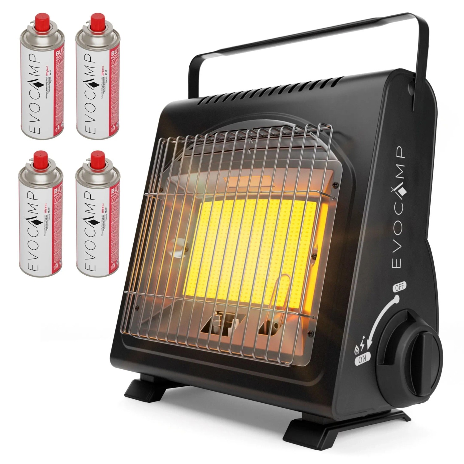 Evocamp Camping Gasheizung 1,7 kW Tragbar mit Piezozündung inkl. 4 St 227-g-Gaskartuschen MSF-1a