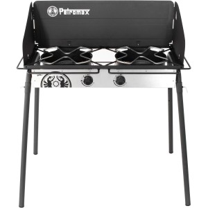 Petromax Gastisch ge90-s mit zwei Brennern, Windschutz und Haltebügel. Ideal für Camping und Outdoor-Küche.