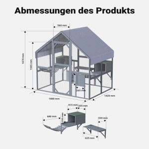 Maßzeichnung des Wiltec Katzenfreigeheges aus Holz, zeigt alle Abmessungen und die Struktur mit Ebenen.
