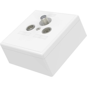 Weiße Hama Universal Antennen-Enddose Skitu 4in1 für SAT, Kabel-TV, Internet und Telefon.