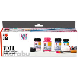 Marabu Textilfarbe Trend-Set Sweet Candy, 4 Farben à 15ml, zum Malen und Bedrucken von hellen Stoffen.