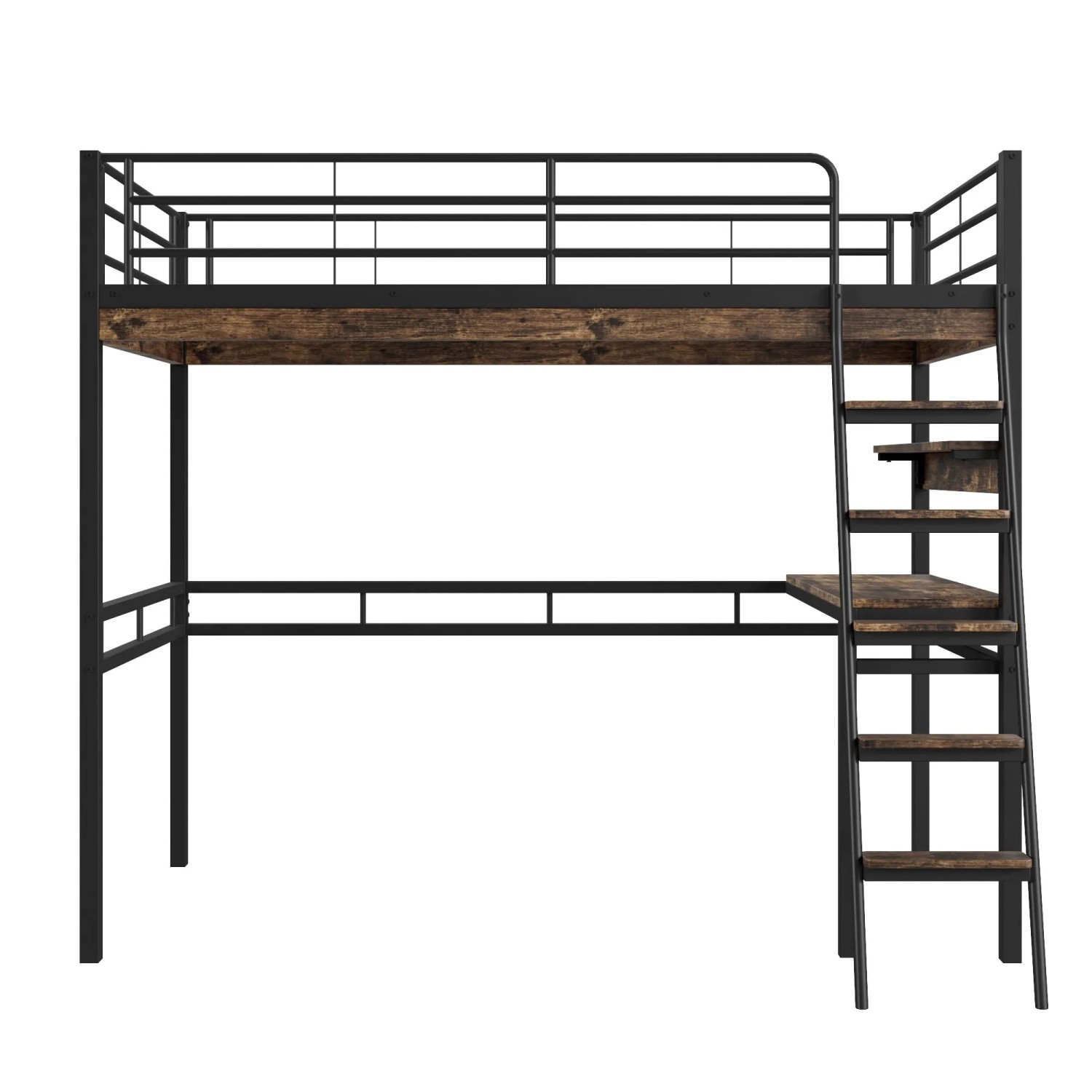 okwish Hochbett 90x200cm mit Schreibtisch und Regalen Eisenrahmen Schwarz ohne Matratze