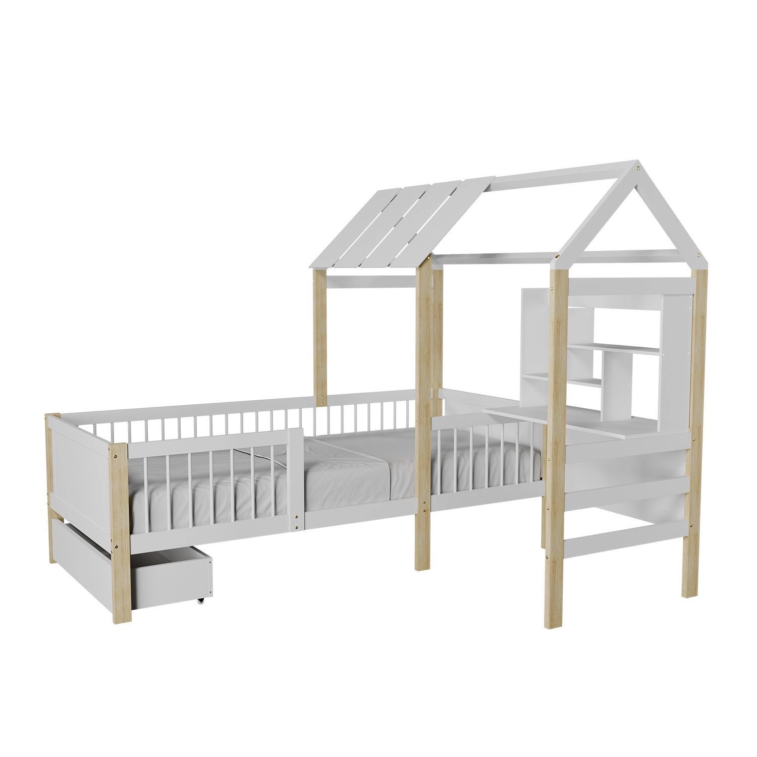 Juskys Kinderbett Yari mit Matratze 90x200 cm Weiß Natur günstig online kaufen