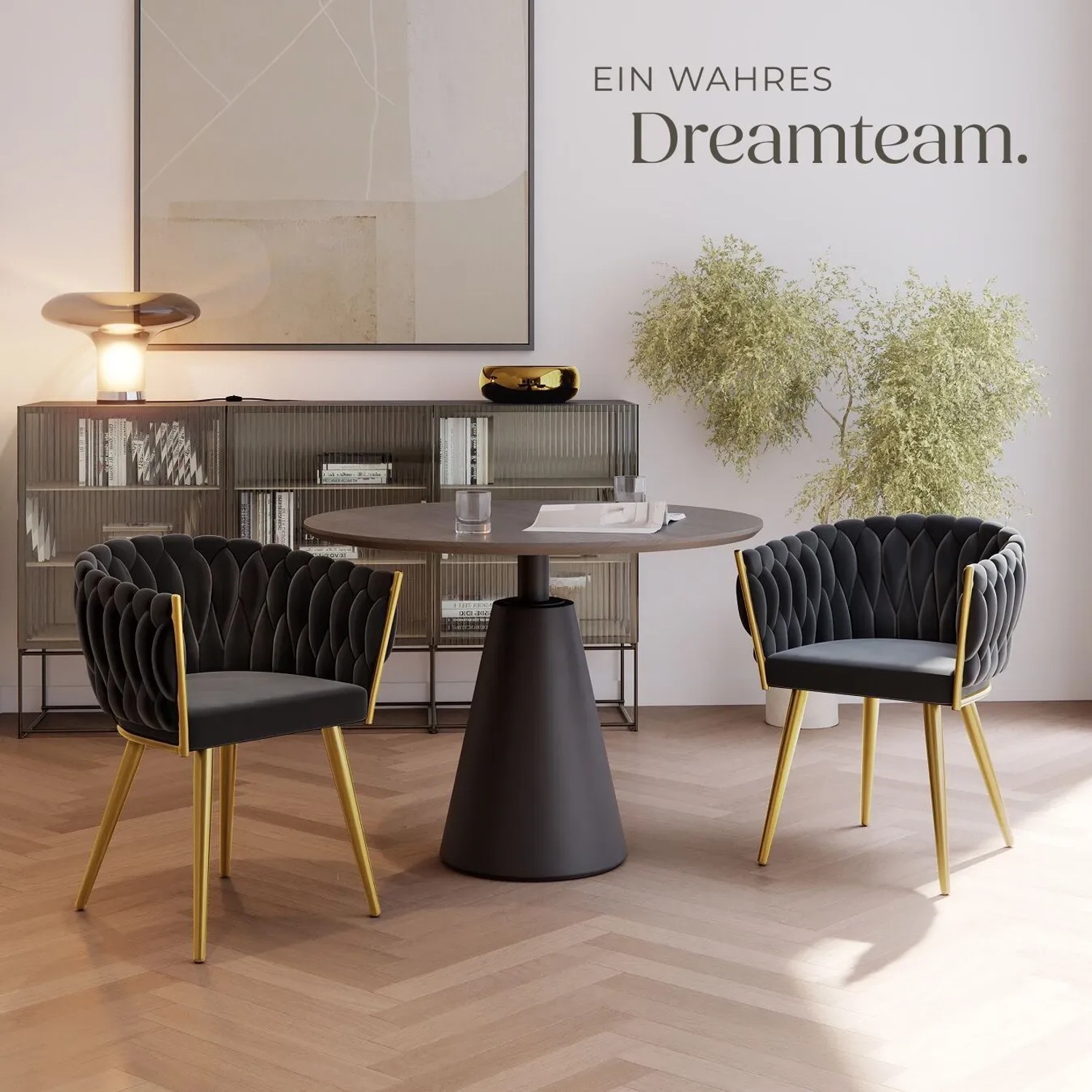 2er Set Tectake Esszimmerstühle Astano, schwarz/gold, Samtbezug, Knotendesign.