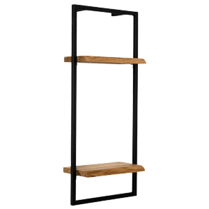 Schwarzes Wandregal 'High' von holz4home mit zwei Eichenholz-Böden und Baumkante.