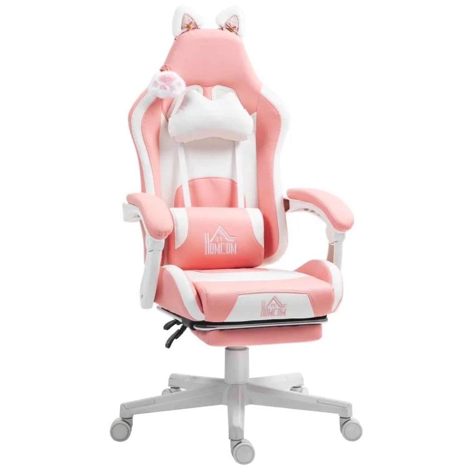 HOMCOM Gaming-Stuhl mit Katzenohren Kunstleder Rosa 65L x 62B x 116-124H cm