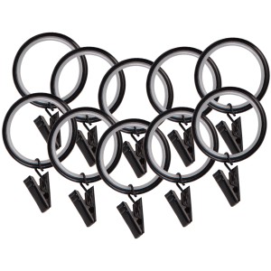 Schwarze Gardinenringe mit Klammern, Ø 25 mm, für Gardinenstangen und Vorhänge.