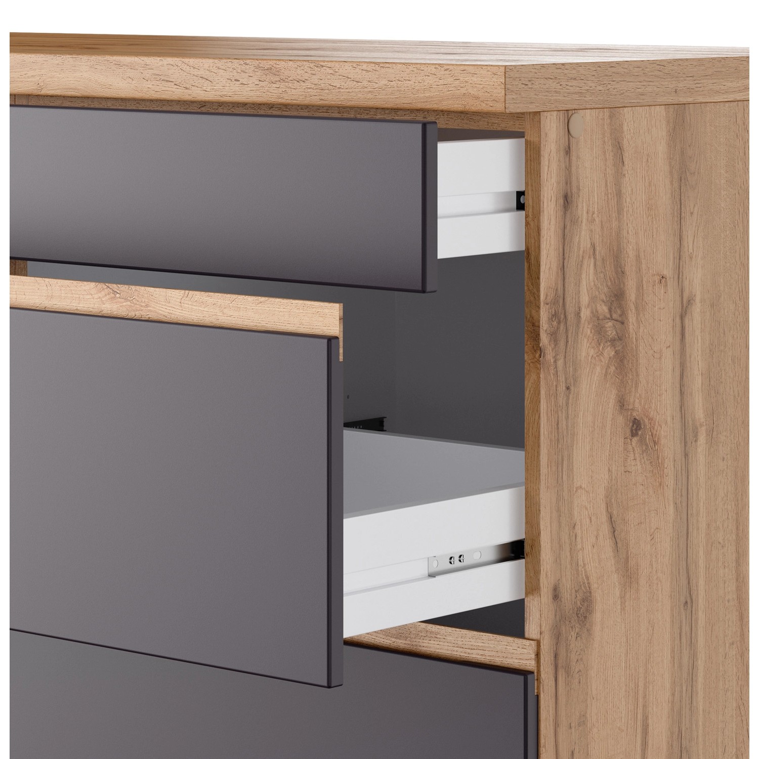Detailansicht: Held Möbel Winkelküche Turin in Graphit und Wotaneiche mit offenen Schubladen.
