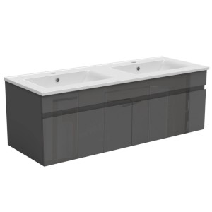 AICA Badmöbel Set: 120 cm Waschtisch mit Unterschrank in Anthrazit Hochglanz und zwei Waschbecken.
