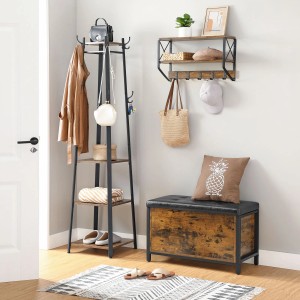 Songmics Truhe Bernerd im Industrie-Design, braun-schwarz, mit Garderobe und Wandregal im Flur.