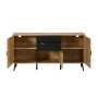 Modernes Sideboard in Holzoptik und Schwarz mit 3 offenen Türen, 2 Schubladen und Fächern für Wohnzimmer-Aufbewahrung.