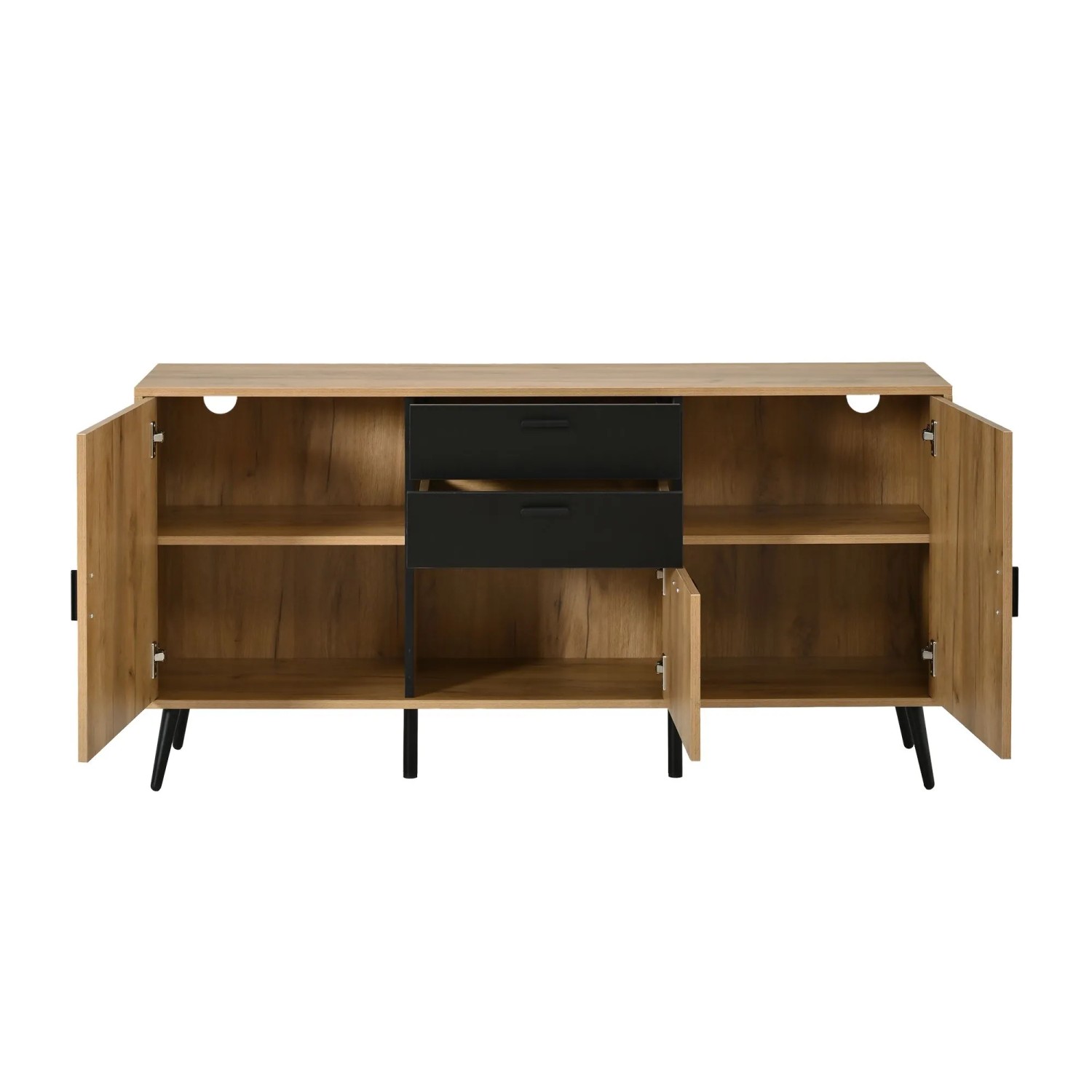Modernes Sideboard in Holzoptik und Schwarz mit 3 offenen Türen, 2 Schubladen und Fächern für Wohnzimmer-Aufbewahrung.