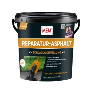 Eimer MEM Reparatur-Asphalt 10kg zur Schlaglochfüllung und Fahrbahnsanierung.