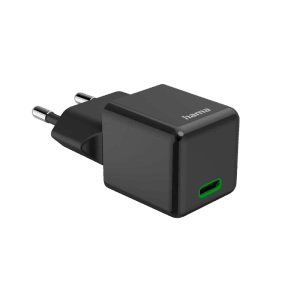 Schwarzes Hama USB-C Schnellladegerät Super-Mini-Charger PD 25W für Hausautomation.