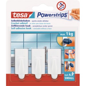 Tesa Selbstklebehaken, 3er-Pack, weiß, mit Powerstrips für spurloses Ablösen.
