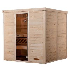 Weka Massivholzsauna Kemi 4 mit Glastür, Fichte natur, Innenansicht mit Bänken.